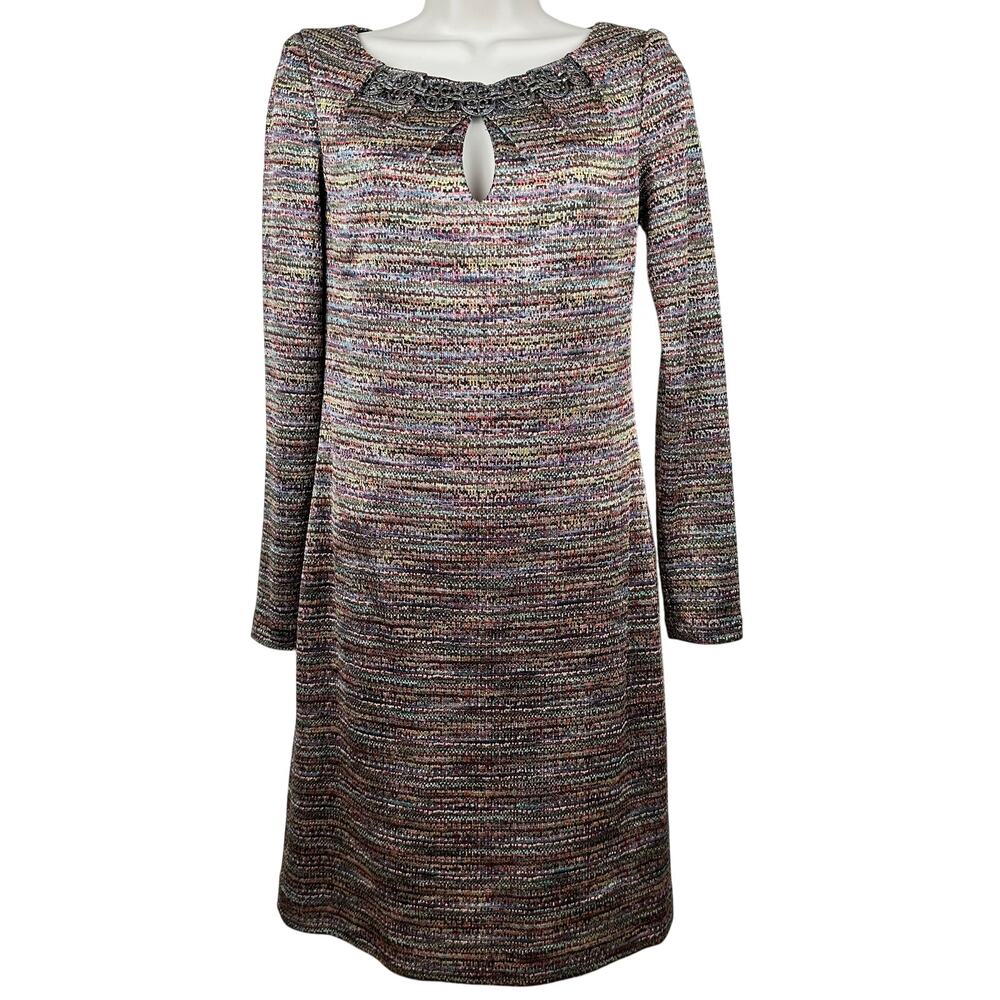 Kay Unger Metallic Knit Dress Long Sleeve Sheath Multi Color 2 Quiet Luxury
